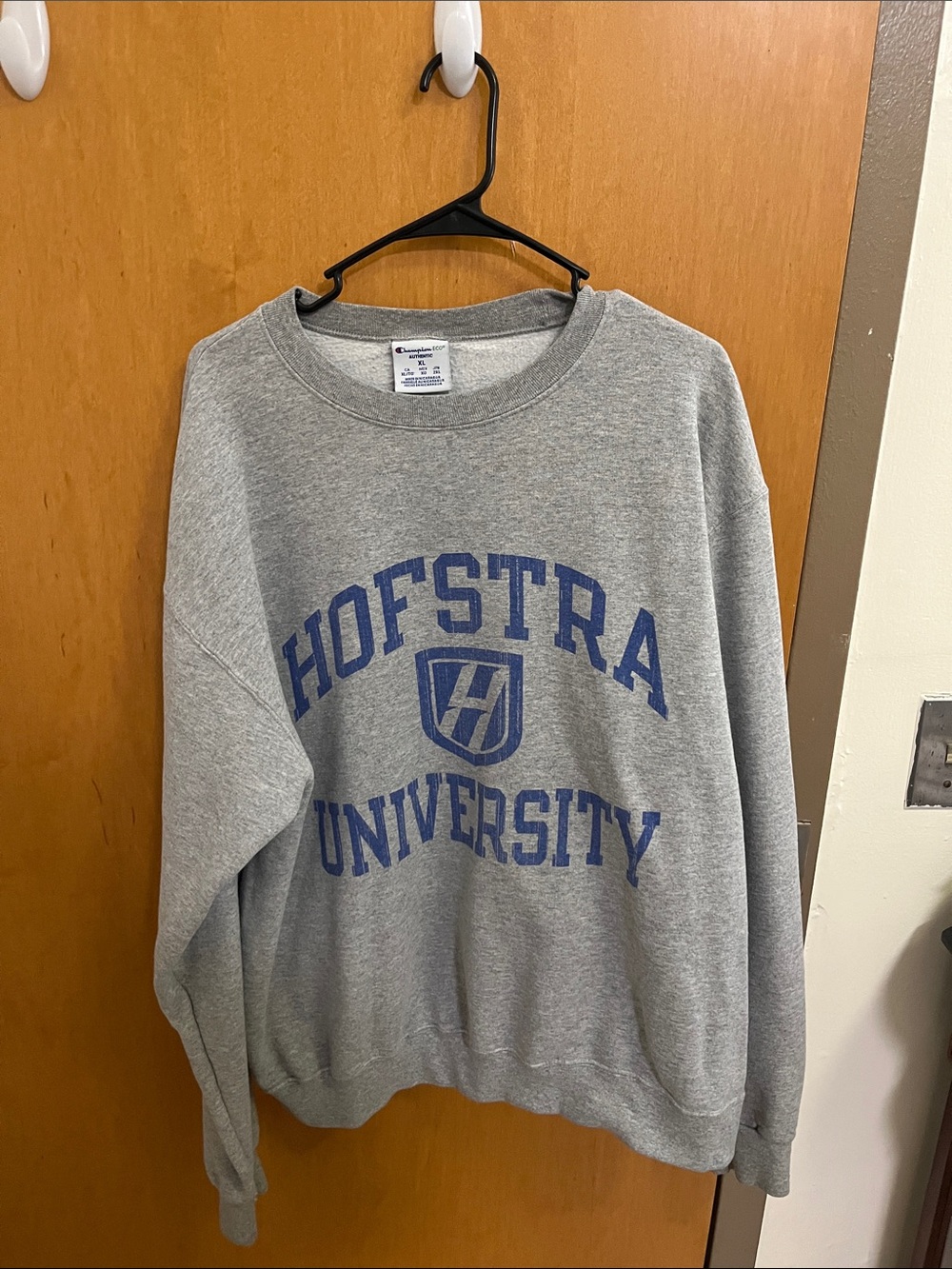 Champion Gray Crewneck Sweatshirt with Blue Hofstra University Print